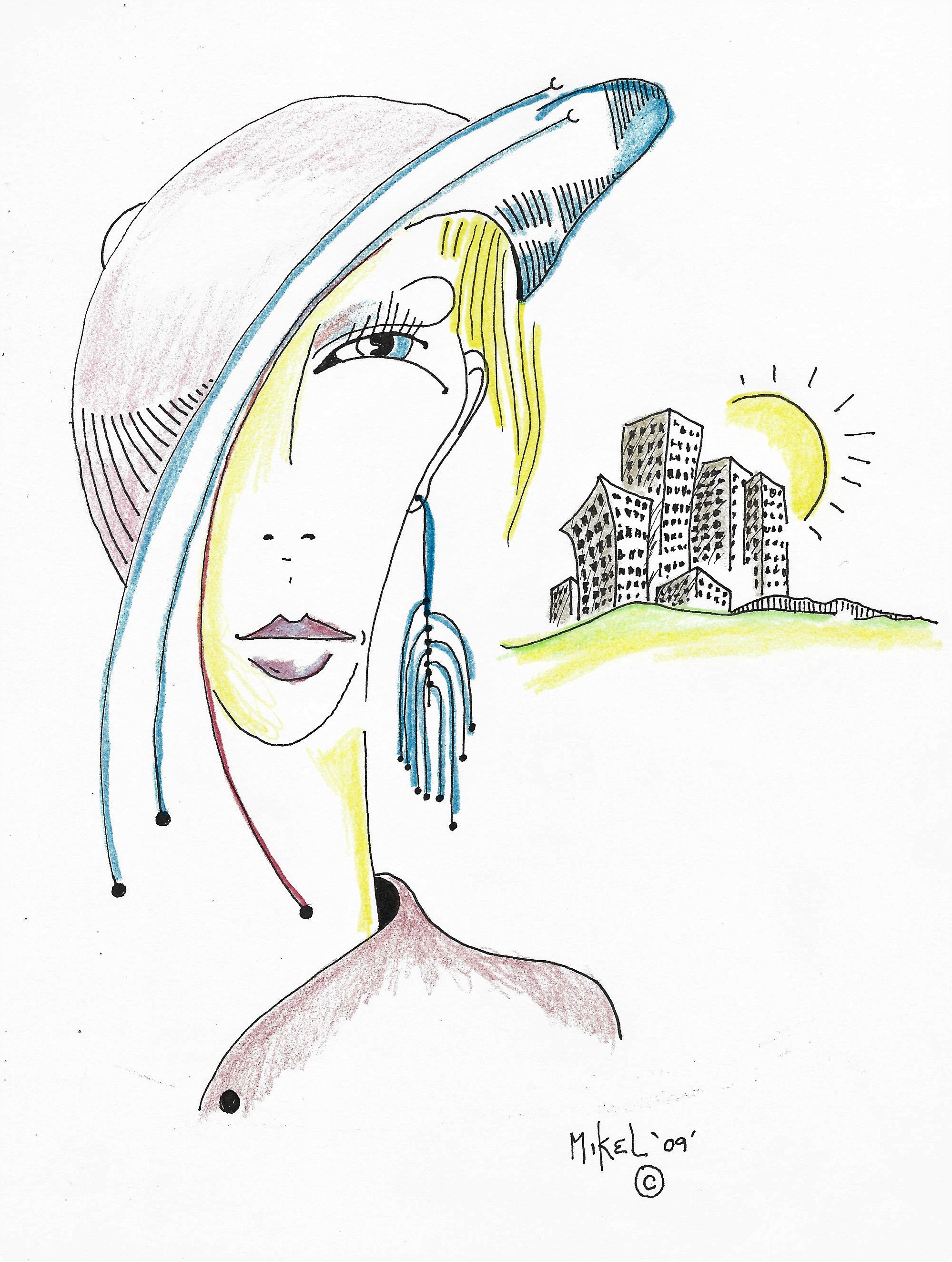 An abstract drawing of a sophisticated woman wearing a hat that covers half her face.