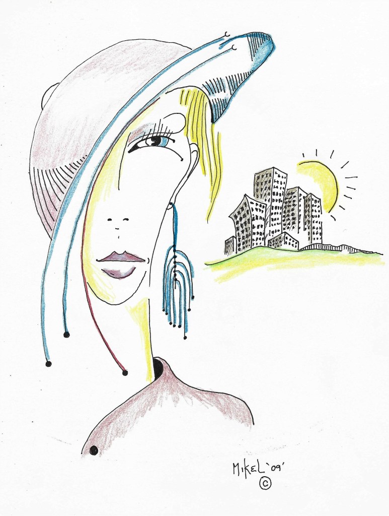 An abstract drawing of a sophisticated woman wearing a hat that covers half her face.