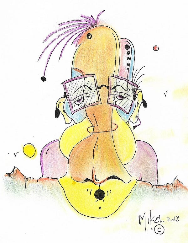 Abstract drawing of a man with a huge head. His chin creates a valley in the terrain.