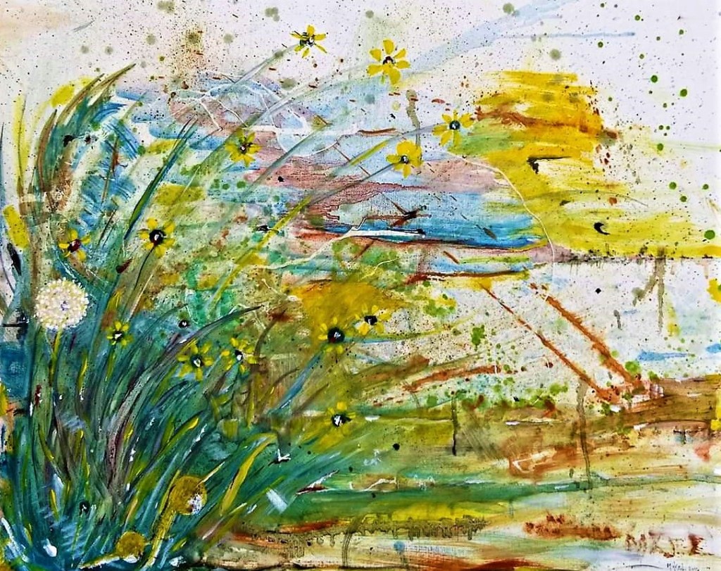 A vibrant abstract oil/acrylic painting with reeds and sunflowers all around and one lone Dandelion brightly in the bottom left corner.   