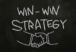 Blackboard with white letters saying Win-Win Strategy and two hands shaking.