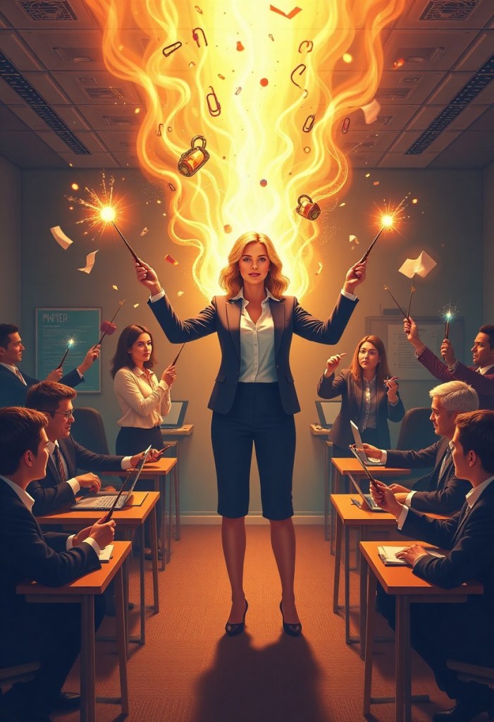 AI painting of a woman with magic wands creating magic in a business meeting.