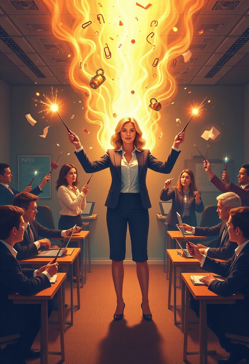 AI painting of a woman with magic wands creating magic in a business meeting.