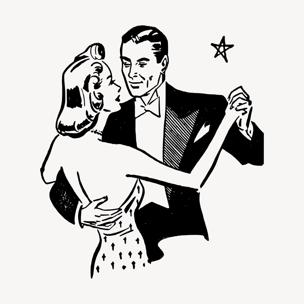 Black and White drawing of a couple ballroom dancing.