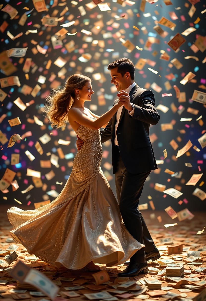 A couple dancing through a shower of falling money. The caption refers to the music of success.