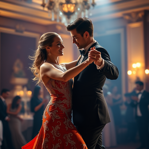 A couple dancing in an elegant ballroom.