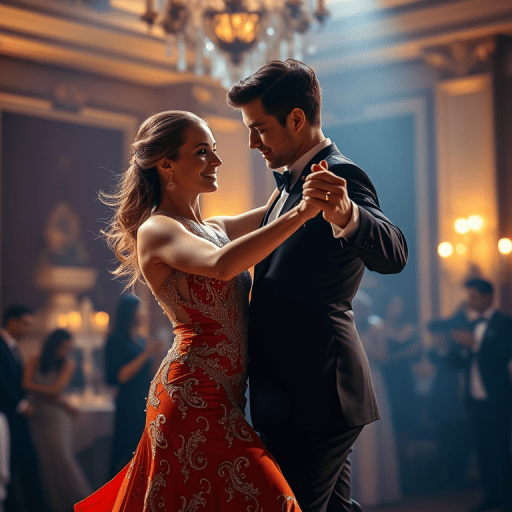 A couple dancing in an elegant ballroom.