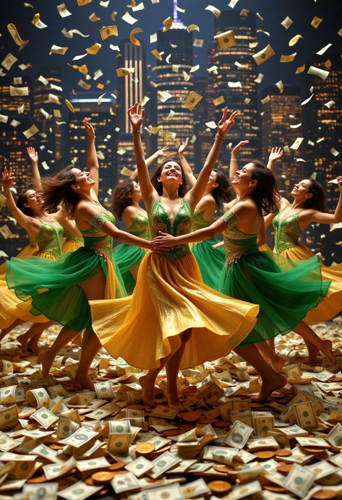 Young girls dancing to success in a shower of money.