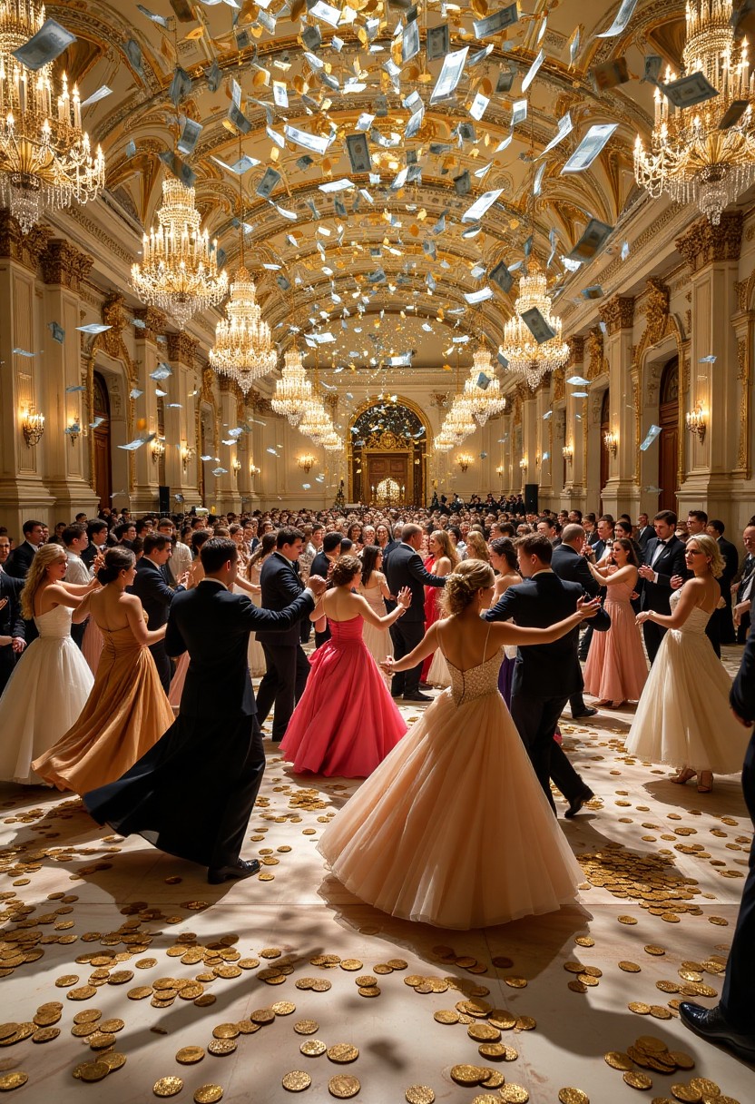 Couples dancing in an elegant ballroom with a sea of money raining down upon them.
