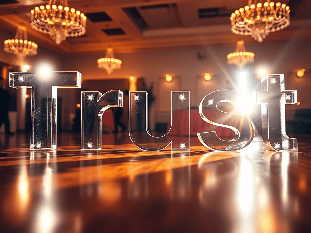 The word TRUST on a wooden dance floor in a ballroom dance studio. The word is made of glass and is transparent.