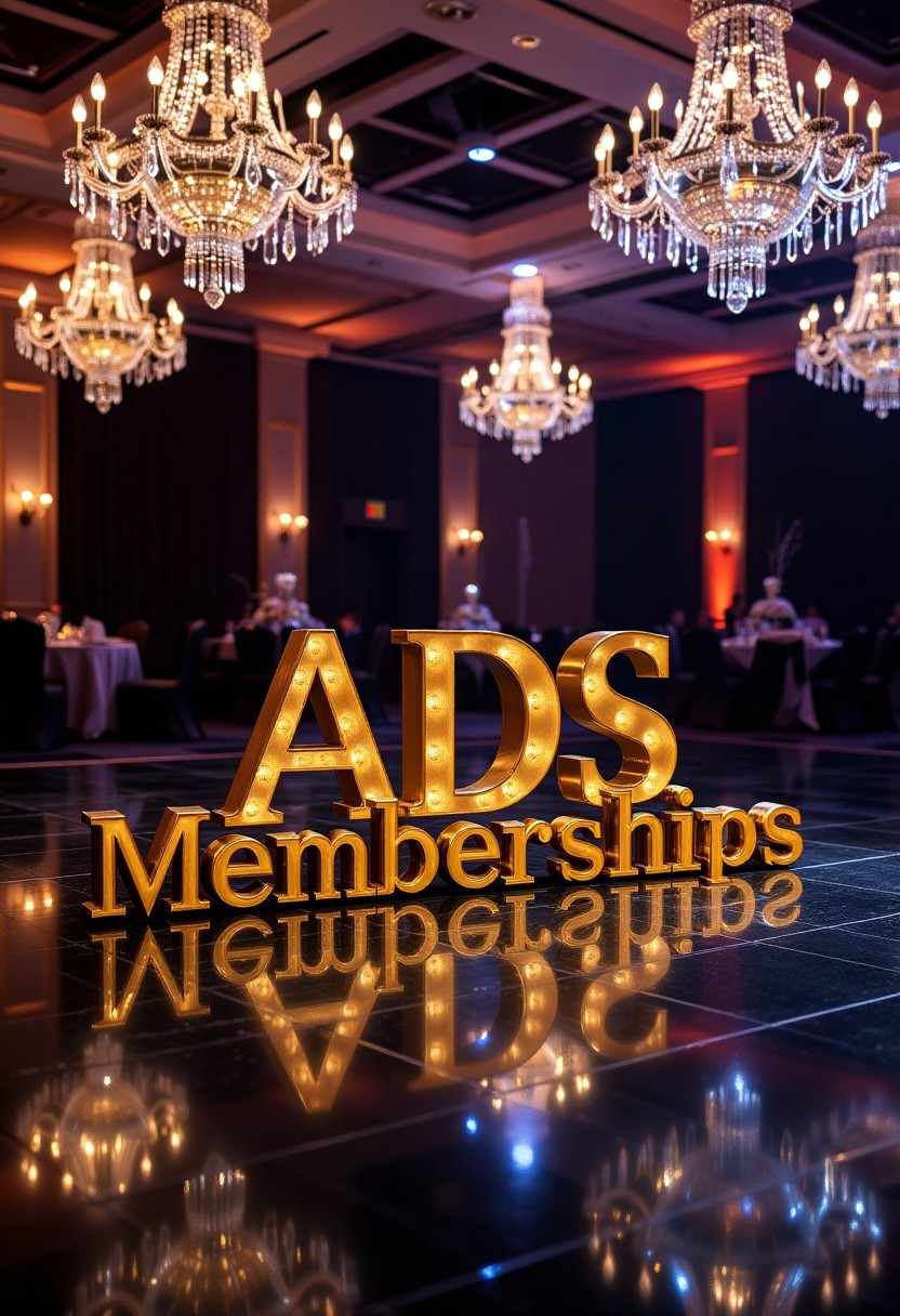 An elegant ballroom with letters, standing in a 3d design that say ADS Memberships.