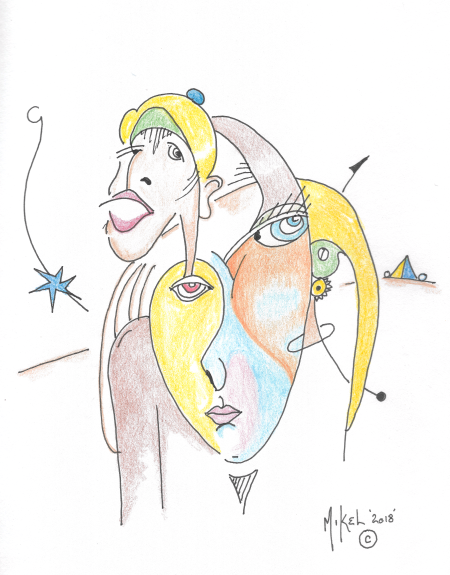 An abstract drawing of a person with three faces.