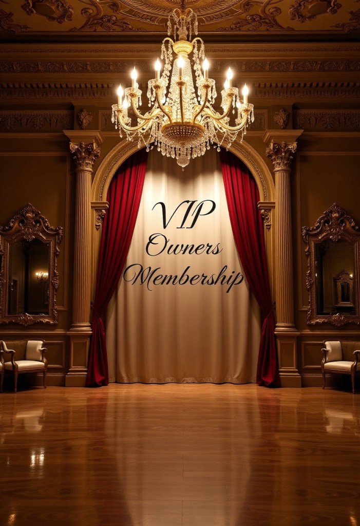 An elegant ballroom with a curtained entrance, adorned with the words "VIP Owners Membership" displayed prominently above it.