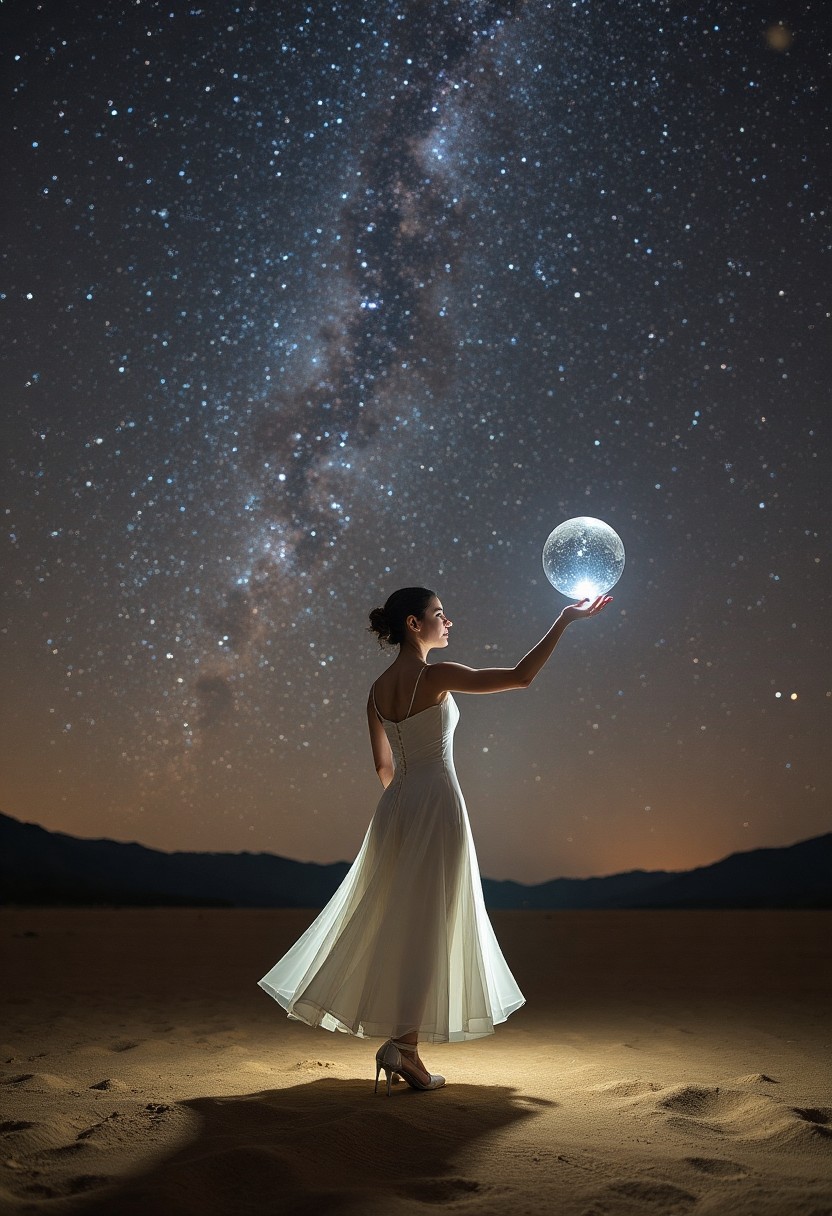 A female ballroom dancer standing in the night holding a world of glass with the Milky Way in the background.