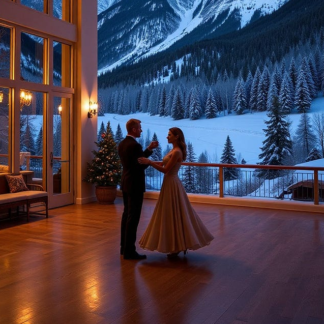 A couple standing on an outdoor dance floor with snowcapped mountains in the background.