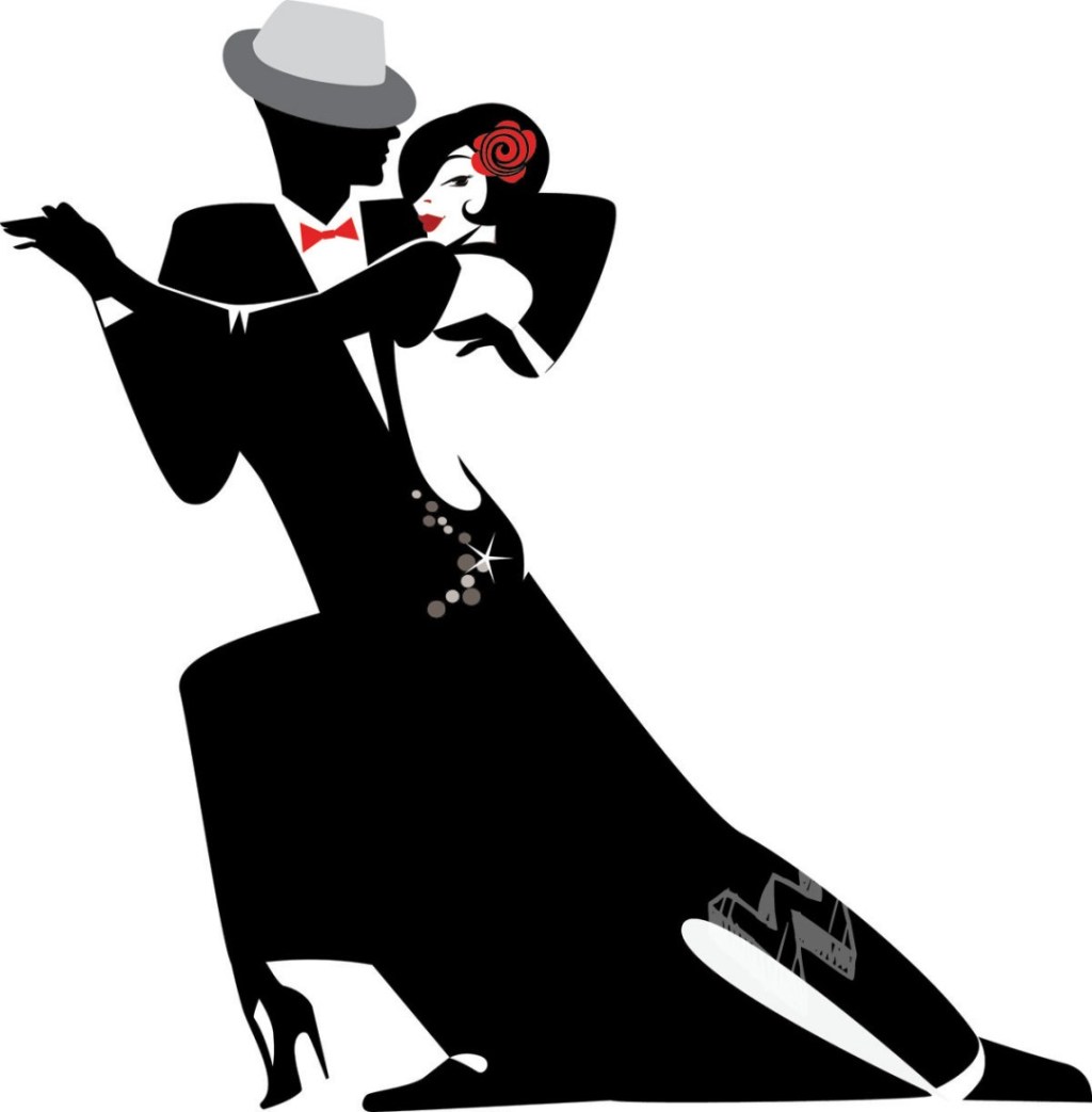 A black and white graphic of a pair ballroom dancers doing the Tango.