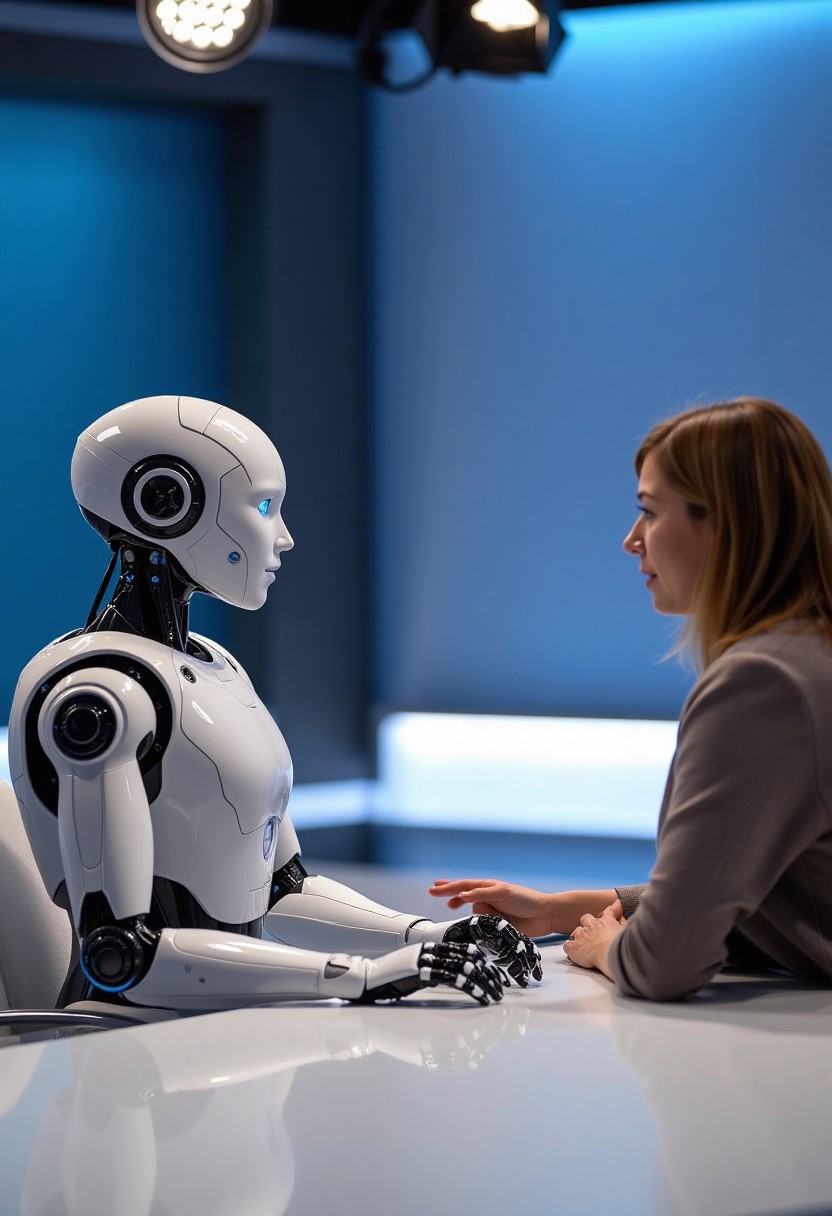 An AI humanoid robot being interviewed by a TV reporter.