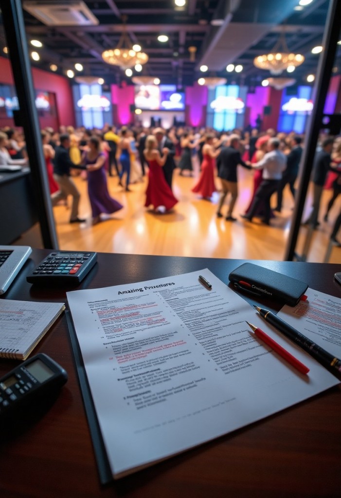 A set of files on an office desk that looks out onto a ballroom dance floor.