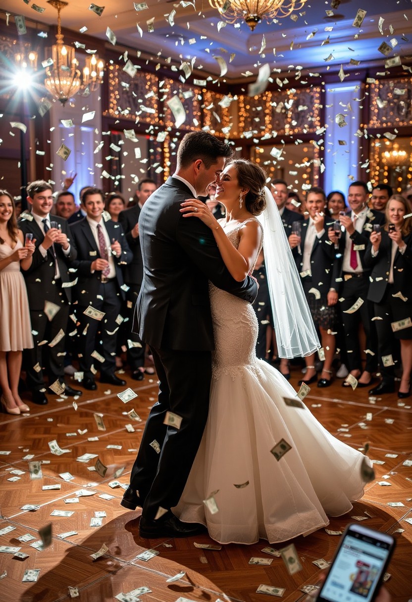 A couple dancing their wedding dance with friends and family surrounding them and with money raining down upon them.