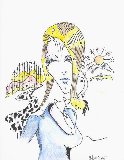 An abstract drawing of a beautiful woman walking towards us and the Sun in the background that appears to be a face.