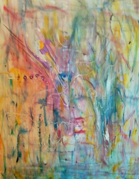 An abstract watercolor painting in many different colors, and an eye peering into the madness.